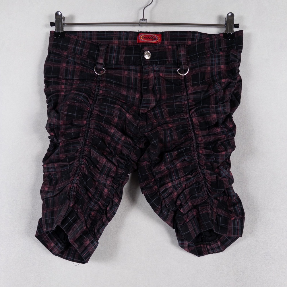 Y2K Milly Jeans Shorts Womens 32 x 12 Red Plaid Ruched D Ring Punk Grunge Goth